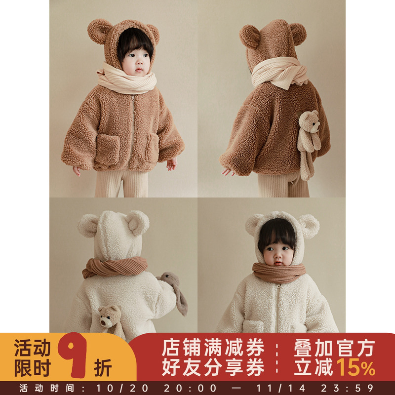 幼悠女童冬装新款中小童加厚外套儿童洋气保暖连帽毛绒上衣秋冬装