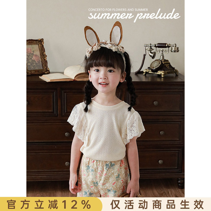 幼悠女童圆领娃娃衫2025夏季网纱飞袖宝宝镂空透气蝴蝶结百搭上衣图片