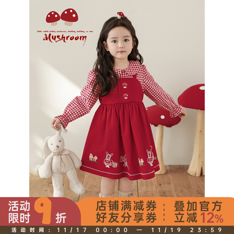 幼悠女童春季田园小公主原创绣花文艺格子娃娃翻领假两件连衣裙潮