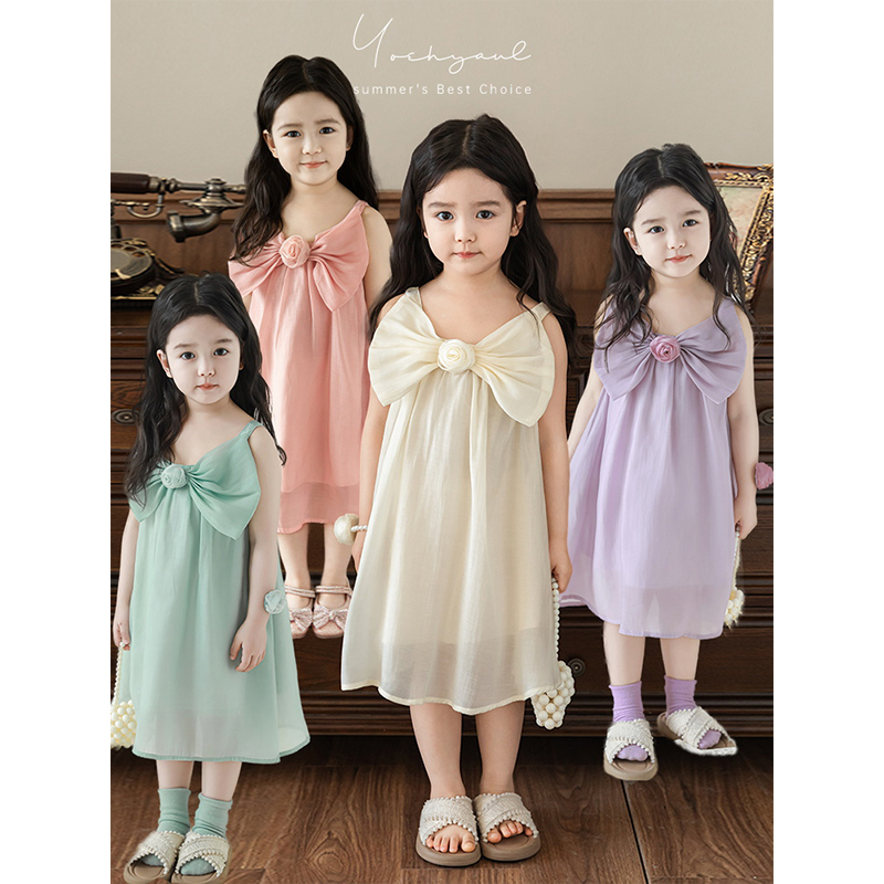 幼悠 女童蓬松飘逸A字裙夏季活泼烂漫娇美可人纯色蝴蝶结连衣裙潮