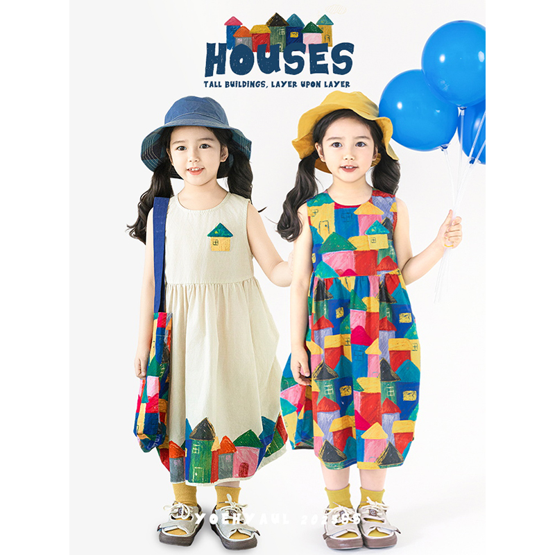 幼悠女童油画小镇印花玩偶背心裙夏季清爽透气吸湿排汗无袖连衣裙