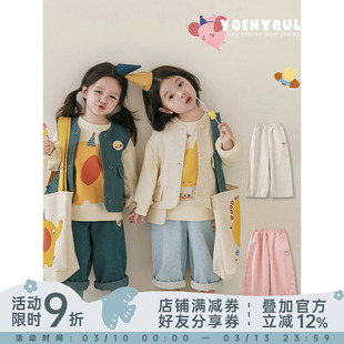 幼悠女童春秋数码印花圆章小标牛仔裤元气可爱柔软挺括宽松裤子潮