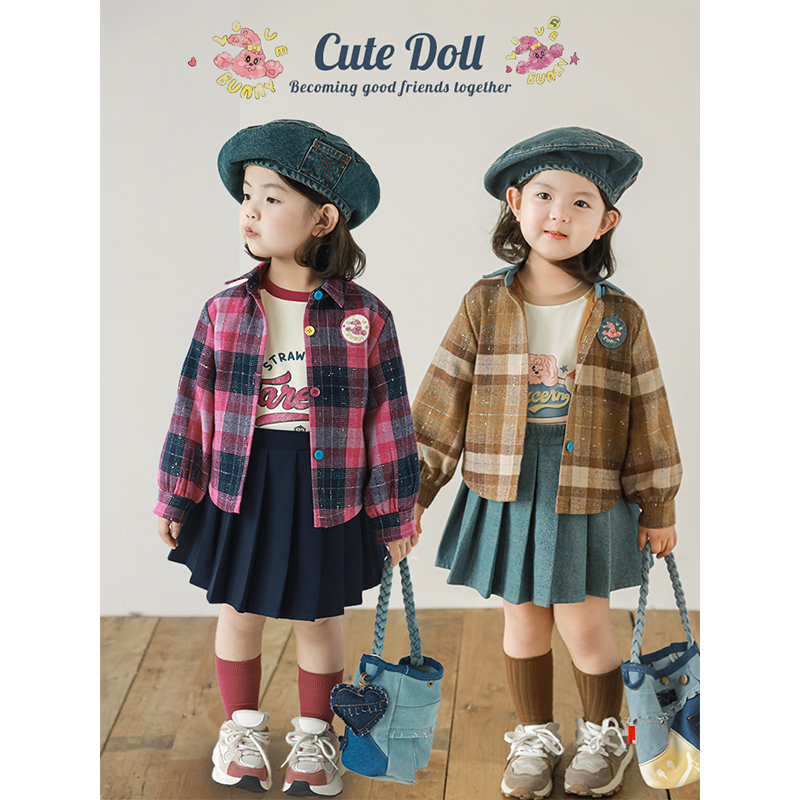 幼悠女童复古腔调文艺风格子衬衫春秋娇俏兔子印花绣章休闲上衣潮