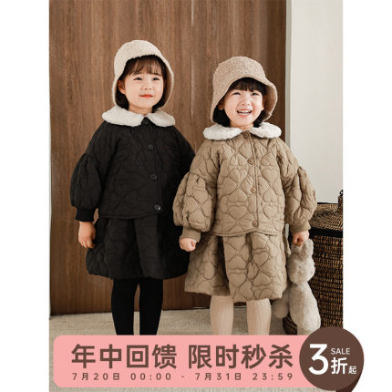 幼悠女童加厚背心连衣裙2024冬季新款爱心宝宝毛领复古保暖外套潮