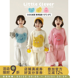 幼悠女童2025冬季新款加绒加厚卡通卫衣休闲保暖束脚长裤可爱套装