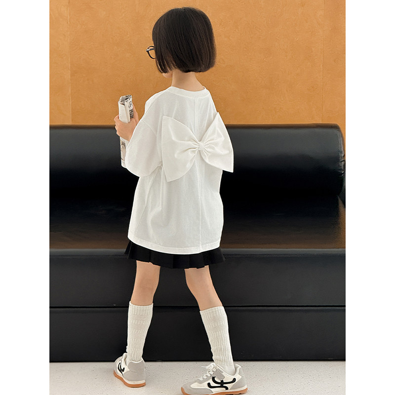 幼悠 女大童时髦百搭立体蝴蝶结背饰甜美T恤中长款胖童休闲短袖潮图片