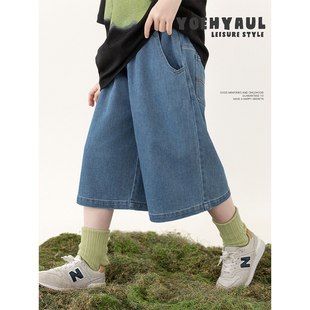 幼悠女大童复古风七分直筒裤牛筋腰易穿脱透气不闷热中大童牛仔裤