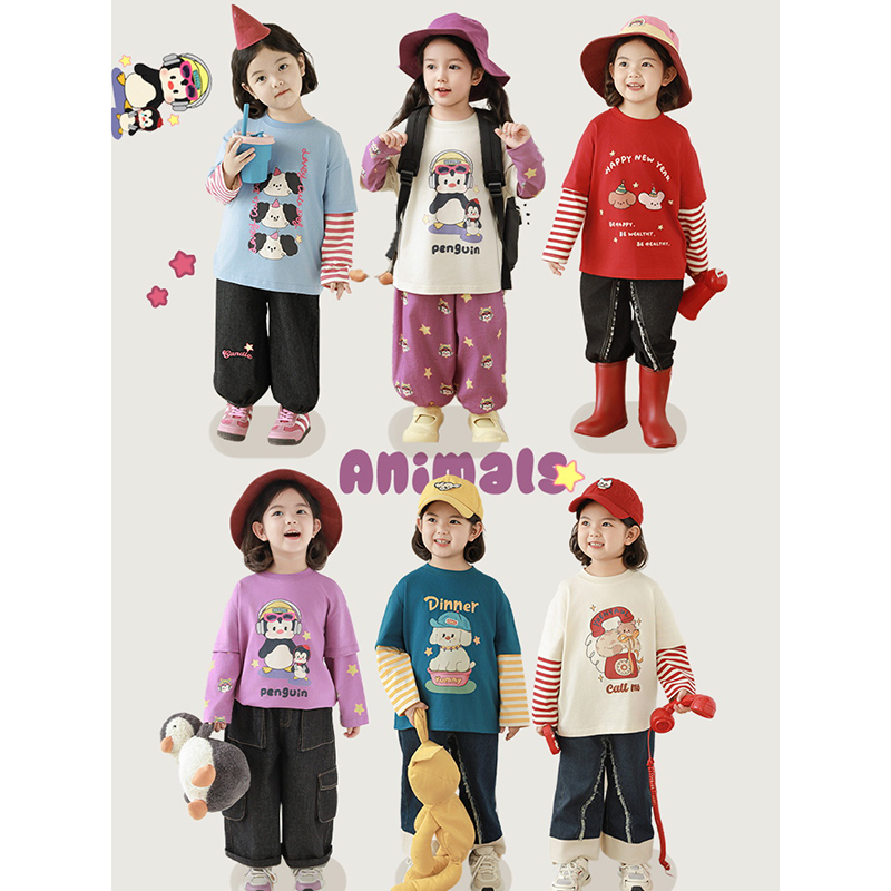 幼悠 女童萌星闪耀系列假两件T恤2025春季罗纹圆领亲肤透气上衣潮