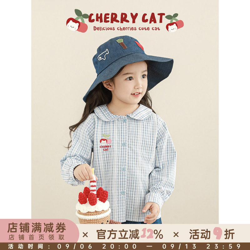 幼悠女童樱桃猫咪绣花衬衫2026春季元气可爱色织提花清新格纹上衣图片