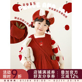 幼悠女童背心裙冬季 宝宝红色保暖裙子复古女孩加厚夹棉儿童连衣裙