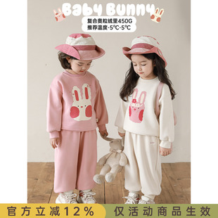 幼悠女童加绒加厚运动套装冬季小兔印花卫衣字母绣花宽松运动裤潮