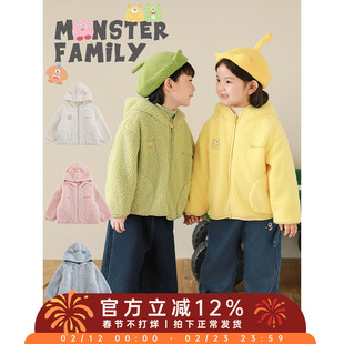 幼悠女童加绒加厚小怪兽毛绒外套冬季防风保暖立体犄角连帽上衣潮