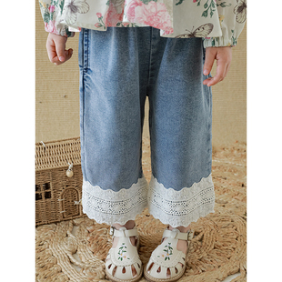 甜美休闲裤 幼悠女童直筒蕾丝牛仔裤 儿童百搭阔腿裤 2025新款 子 夏季