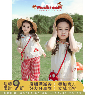 遮肉显瘦宽松直筒裤 撞色曲牙马蹄领衬衫 子潮 夏季 幼悠女童田园套装