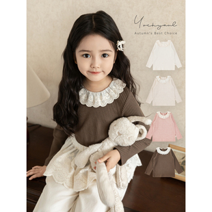 幼悠 女童蕾丝花边领打底衫秋季甜美可爱柔软亲肤细腻坑条百搭T恤