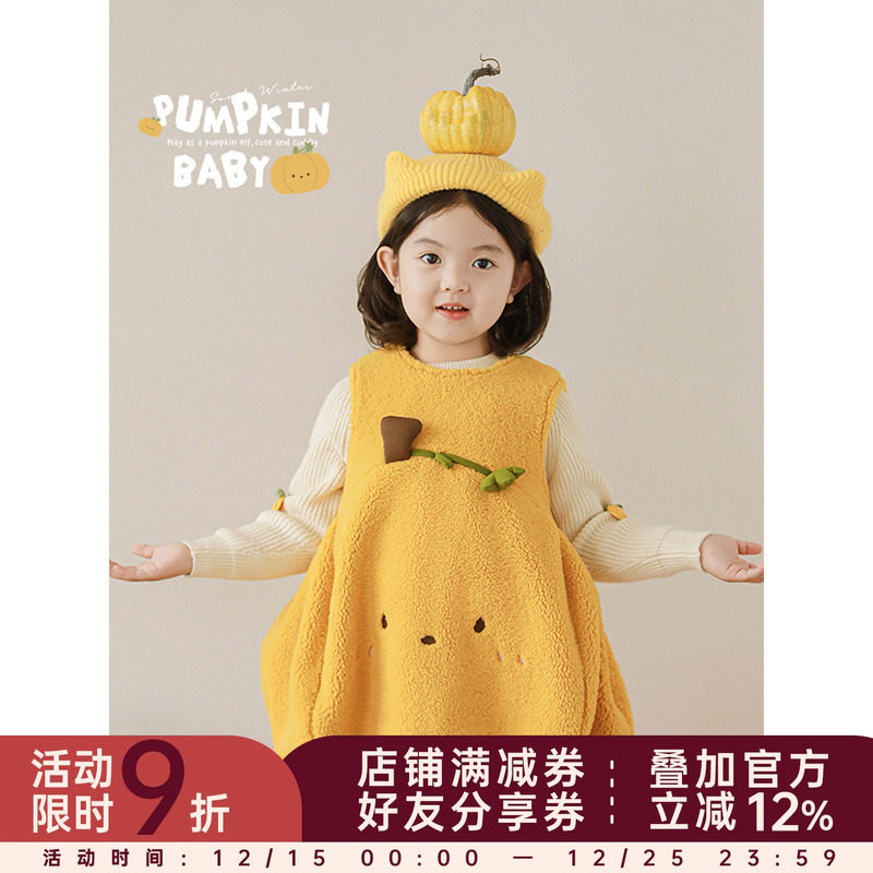 幼悠女童南瓜毛绒花苞背心裙2025冬季甜美可爱玩偶刺绣保暖连衣裙