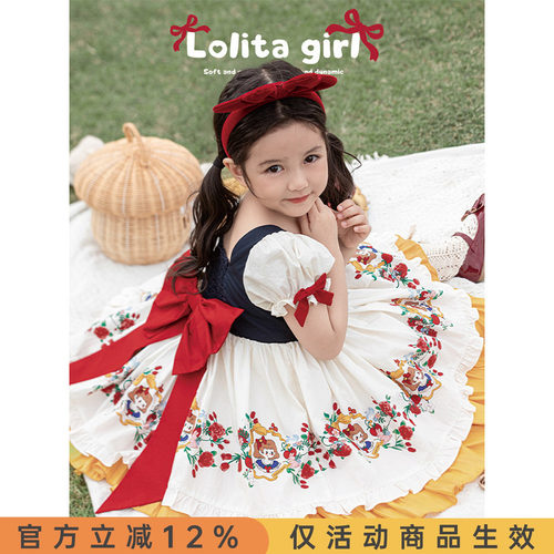 幼悠女童假两件式蝴蝶结裙子2025夏季公主风洛丽塔式泡泡袖连衣裙