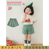 子 洋气可爱柔软亲肤休闲裤 幼悠女童浪漫花边西瓜条纹短裤 2025夏季