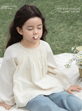幼悠女童法式宫廷风娃娃衫春季立体饱满灯笼袖星星镂空花边衬衫潮