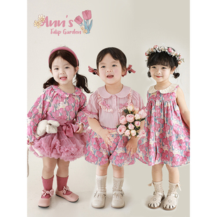 幼悠女童可爱粉色连衣裙2025春秋宽松满印花朵外套宝宝公主套装