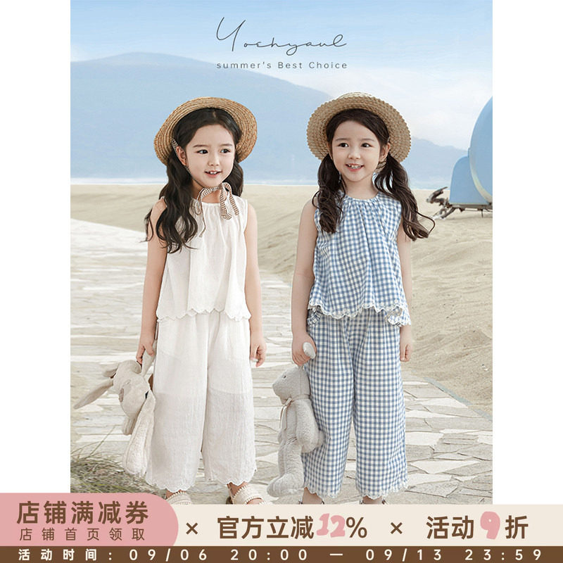 幼悠女童2025夏季套装儿童蓝色格子娃娃衫九分直筒梭织裤多件套潮