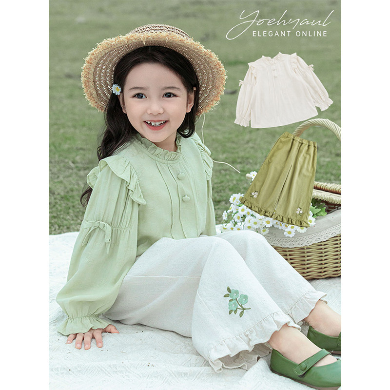 幼悠女童春季套装木耳花边灯笼袖立领小衫轻软透气宽松直筒阔腿裤图片