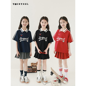 幼悠女大童美式 复古学院风字母印花绣标全棉撞色织带POLO翻领衬衫