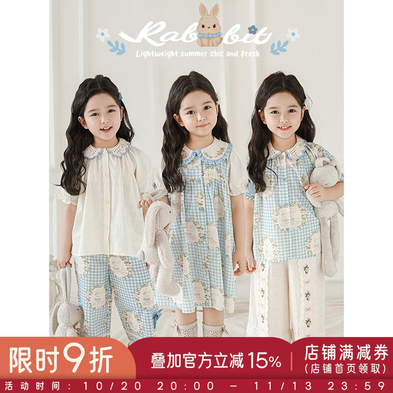 幼悠女童夏季套装木耳花边娃娃衫钩花翻领连衣裙镂空花边阔腿裤子