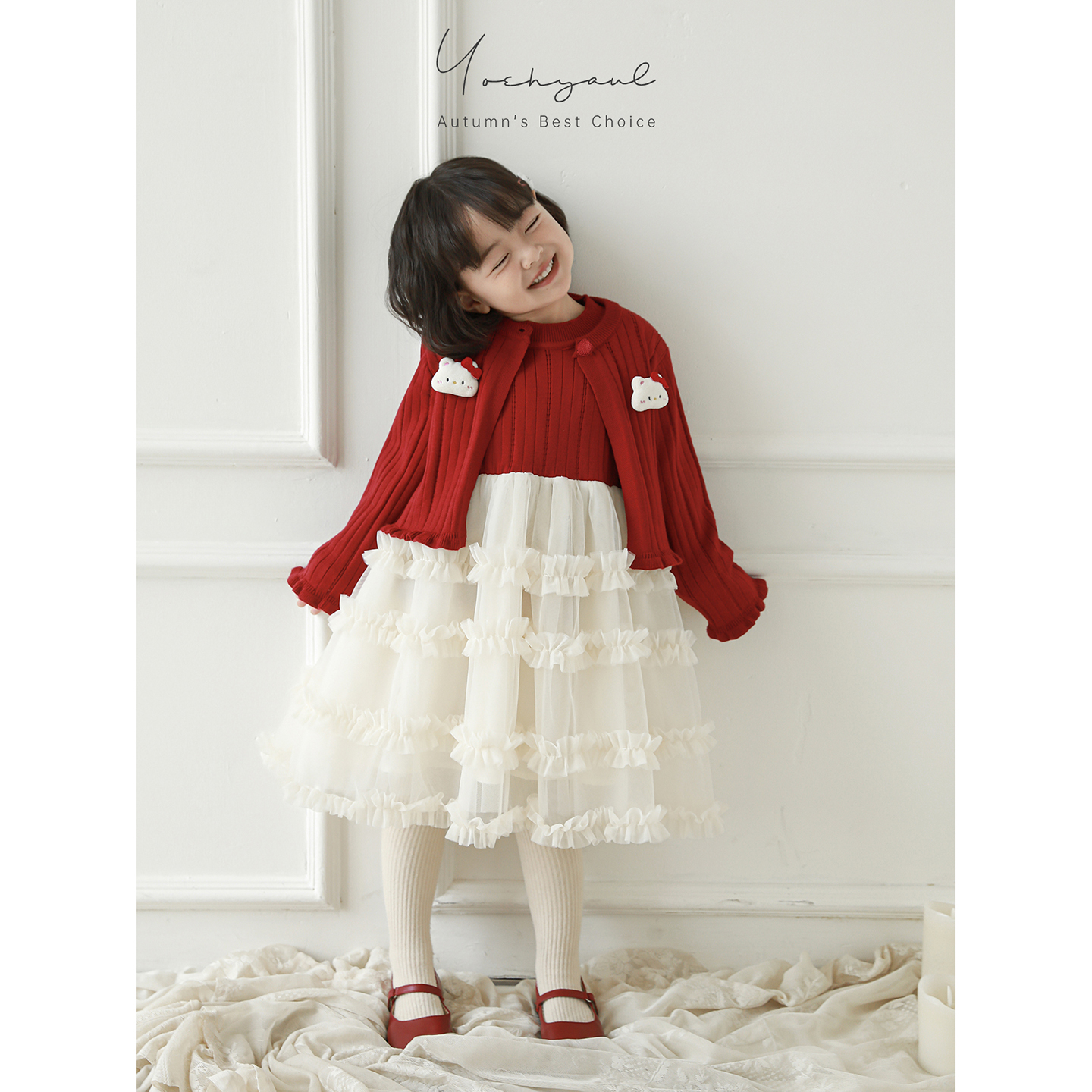 幼悠女童2025秋季甜美可爱暖糯不扎肉华丽网纱两件套毛衣连衣裙潮