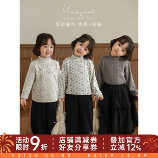 幼悠女童2025冬季新款韩系碎花半高领打底衫双层针织儿童保暖t恤