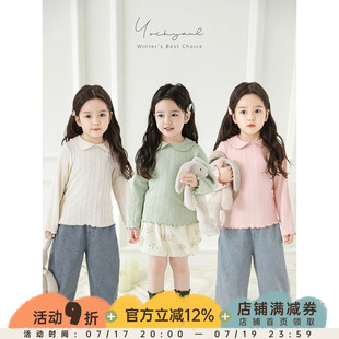 幼悠 女童小清新爱心提花曲牙娃娃领打底衫春季波浪密边百搭T恤潮