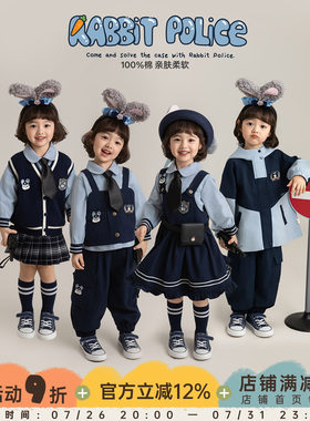 幼悠女童春季新款娃娃领衬衫无袖马甲短裙宽松束脚裤兔子警探套装