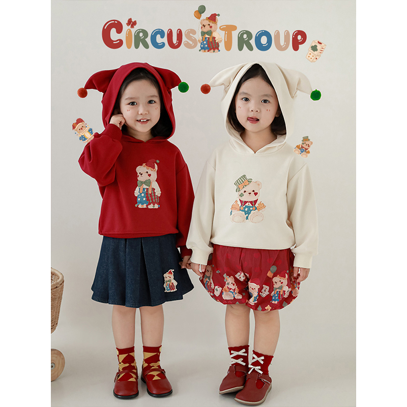 幼悠女童马戏团套装2025春秋杂耍小丑连帽卫衣彩妆小熊短裤多件套