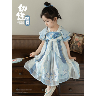 幼悠女童木耳花边撞色拼袖 国风八字花瓣拼接裙子潮 汉服连衣裙夏季