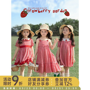 幼悠女童红白格莓丽佳人系列夏季 浪漫洛丽塔风草莓立体玩偶连衣裙