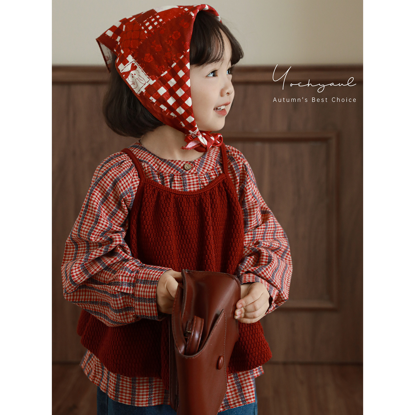 幼悠女童秋季洋气可爱韩系小甜妹显白复古红格纹衬衫吊带两件套潮