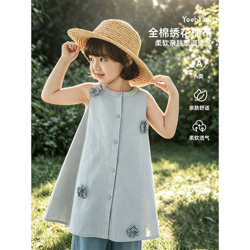 幼悠女童连衣裙儿童夏季新款无袖清凉衬衫裙轻薄透气小女孩裙子潮