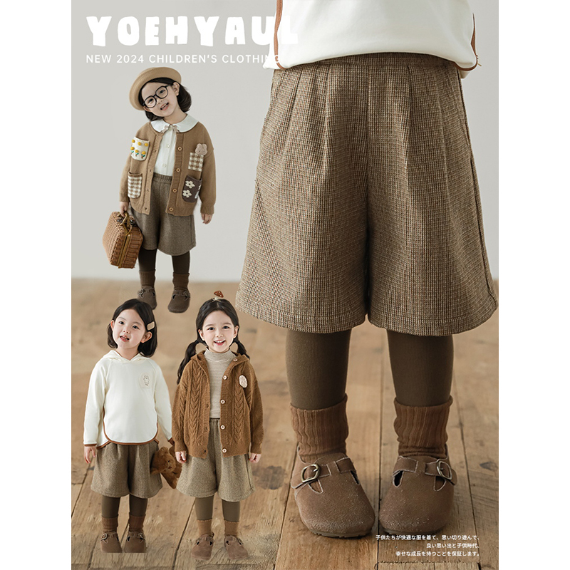 幼悠女童假两件长短款春秋清晰细腻针织坑条软弹服帖牛筋腰头裤子