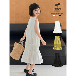 幼悠女大童亲肤棉舒适透气不闷汗休闲裙弹力筋花边胖童无袖连衣裙