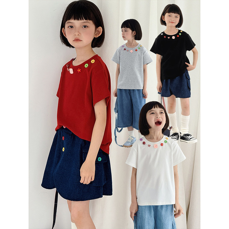 幼悠 女大童多彩饰品领口亲肤棉短袖夏日外出宽松版型胖童百搭T恤,童装/婴儿装/亲子装,T恤,淘宝优惠券,粉丝福利购,淘宝优惠卷