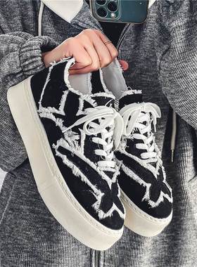 秋季休闲帆布鞋男款潮流百搭厚底黑色小众板鞋潮男款2024新款男鞋