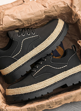 工装男鞋2025新款秋冬季运动休闲低帮马丁鞋工作防滑黑色厚底皮鞋