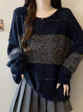 秋冬季新款圆领羊驼毛针织衫女宽松大码拼色亮片长袖毛衣打底衫