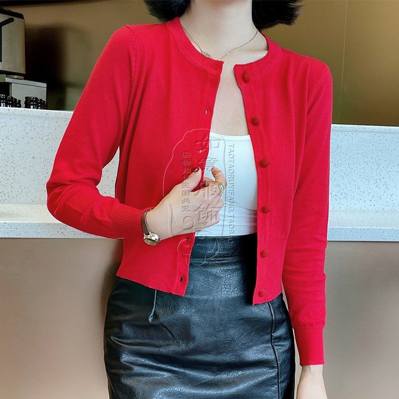 2022春秋新款单排扣低圆领针织衫女开衫短款长袖纯色薄款毛衣外套,女装/女士精品,毛针织衫,淘宝优惠券,粉丝福利购,淘宝优惠卷