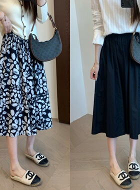 柜面6K+！高支高密透气100棉 蓬松涂雅花朵高腰中长半身裙A字伞摆