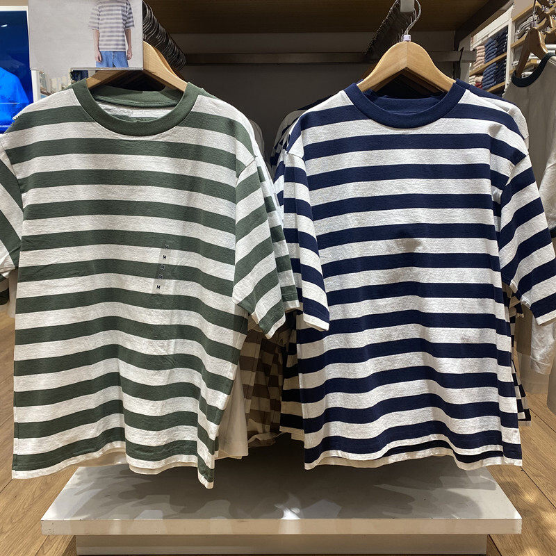 日系男装女装夏新款宽松条纹T恤5分袖短袖T恤休闲百搭上衣C475362