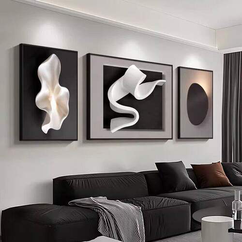 现代简约抽象艺术客厅装饰画沙发背景墙挂画黑白三联画轻奢风壁画