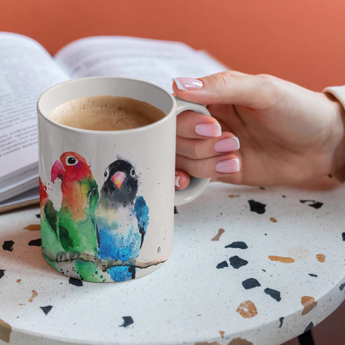 水彩鹦鹉图案陶瓷马克杯彩色手绘咖啡杯文艺复古杯子
