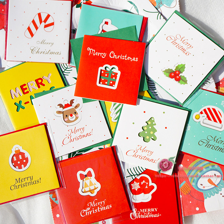 12张日韩圣诞节可爱卡通新年gift card对折祝福贺卡礼物留言卡