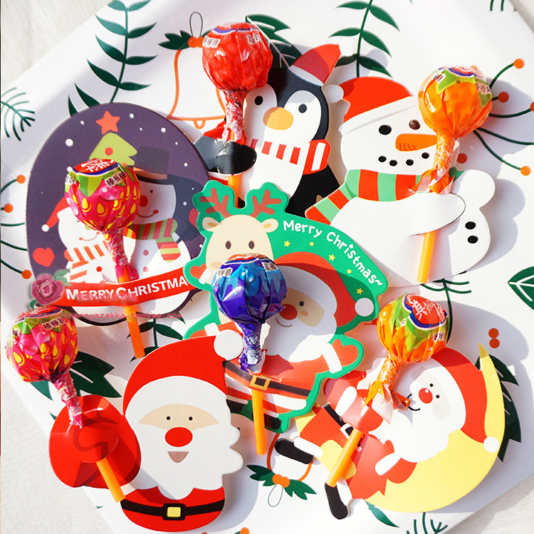 50个圣诞节可爱卡通儿童礼物棒棒糖装饰卡片糖果纸卡插卡包邮